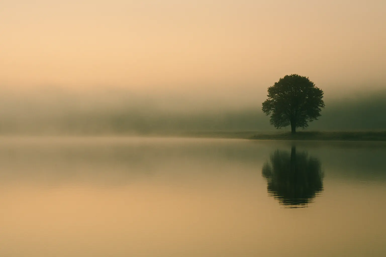 A calm, still lake at dawn with soft mist and a lone tree — peace and groundedness.